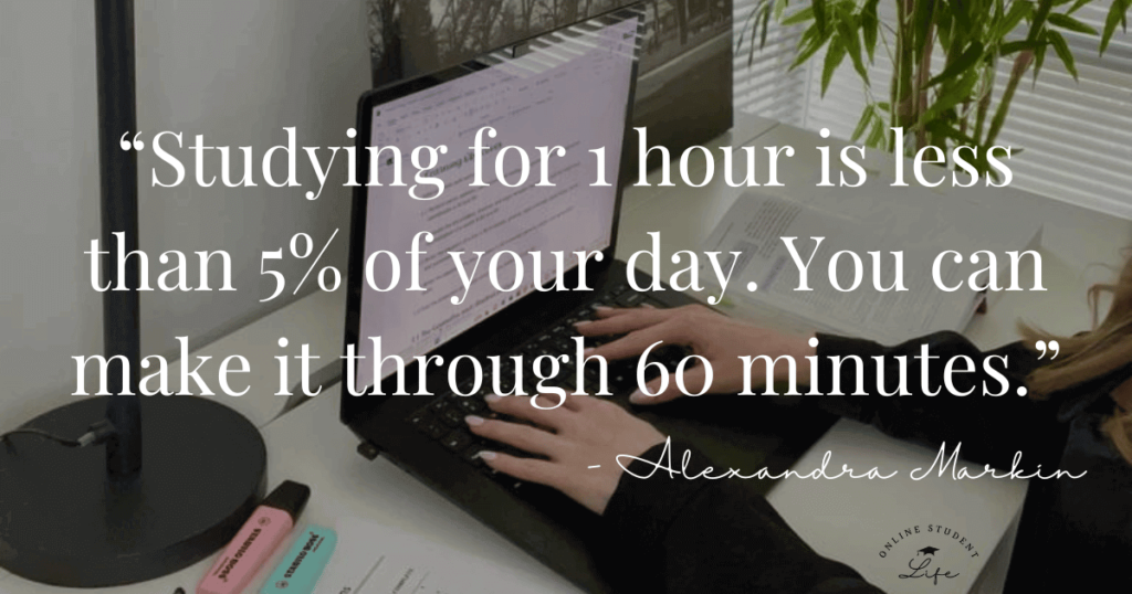 Quote overlay on image of woman siting at a desk typing on a laptop.