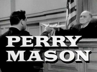 Perry Mason TV cover. Photo of Perry handing papers to a judge