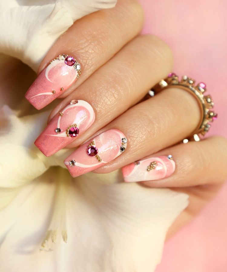 Pink Swirl Nails With Rhinestones