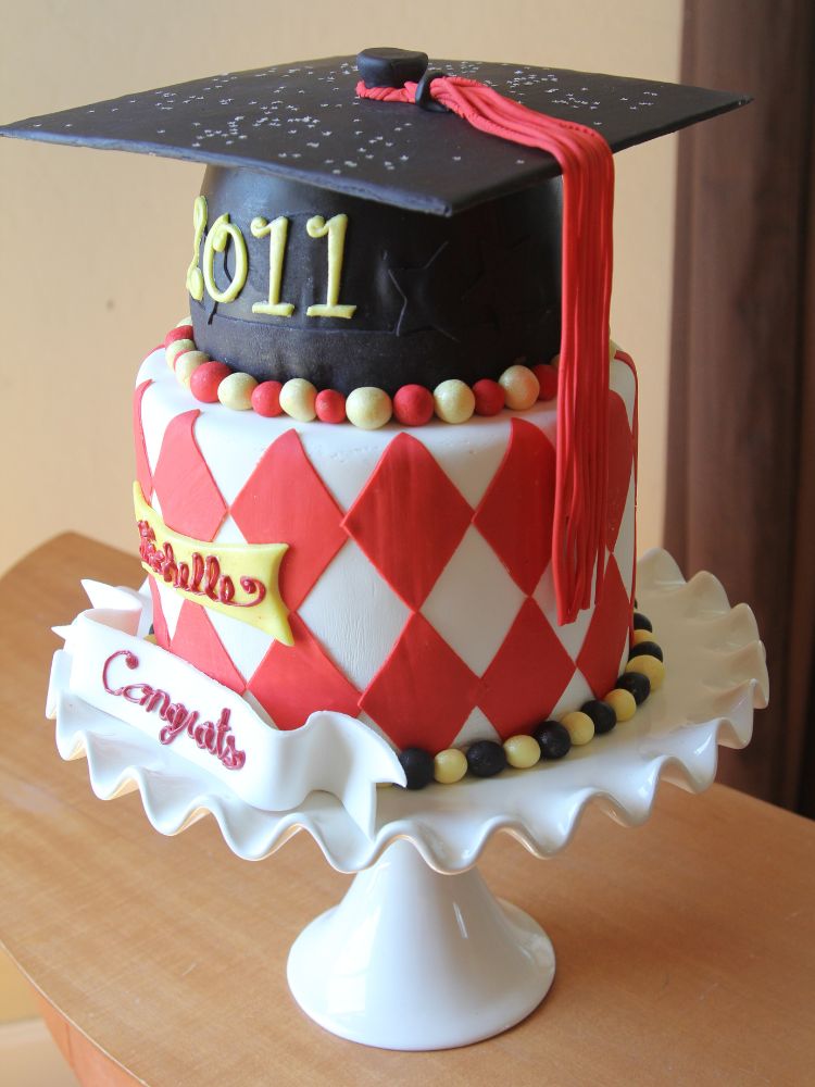 2-Tiered Red Graduation Cake With Black Grad Cap