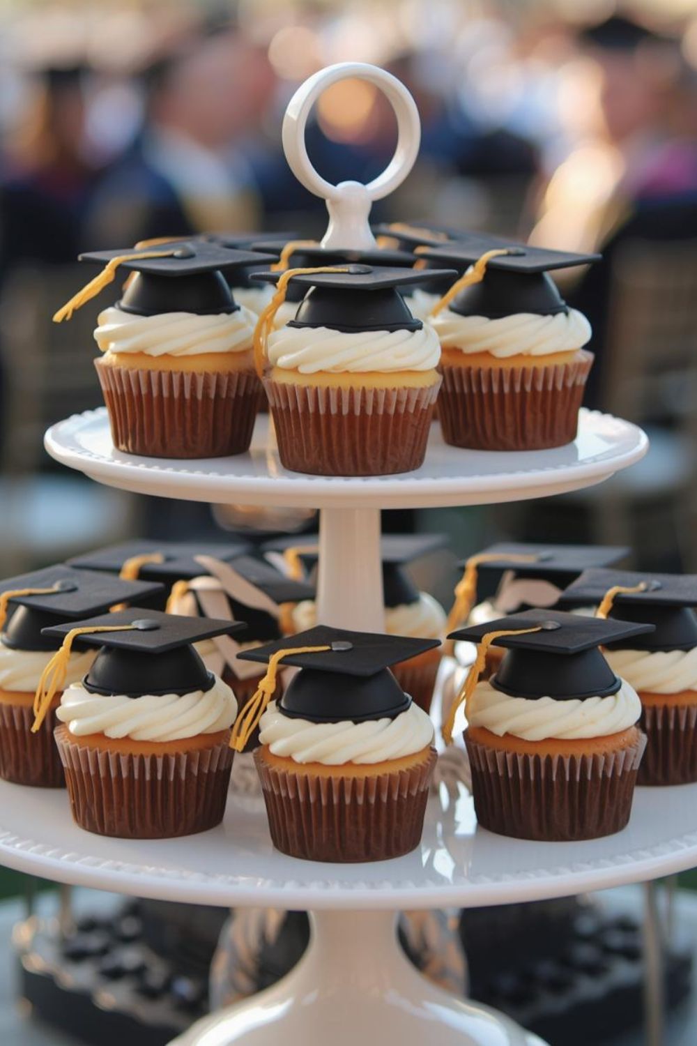 Cap and gown cupcakes with black fondant grad caps on a white cupcake rack.