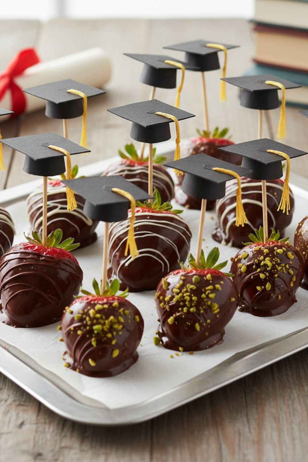 Chocolate dipped strawberries with chocolate drizzle, crushed pistachios and grad cap cupcake toothpick toppers.