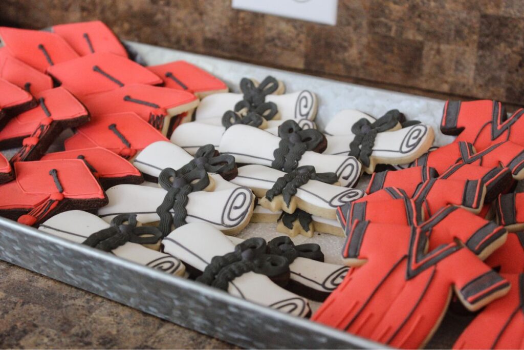 Graduation Cap, Gown and Diploma Cookies in red, black and white