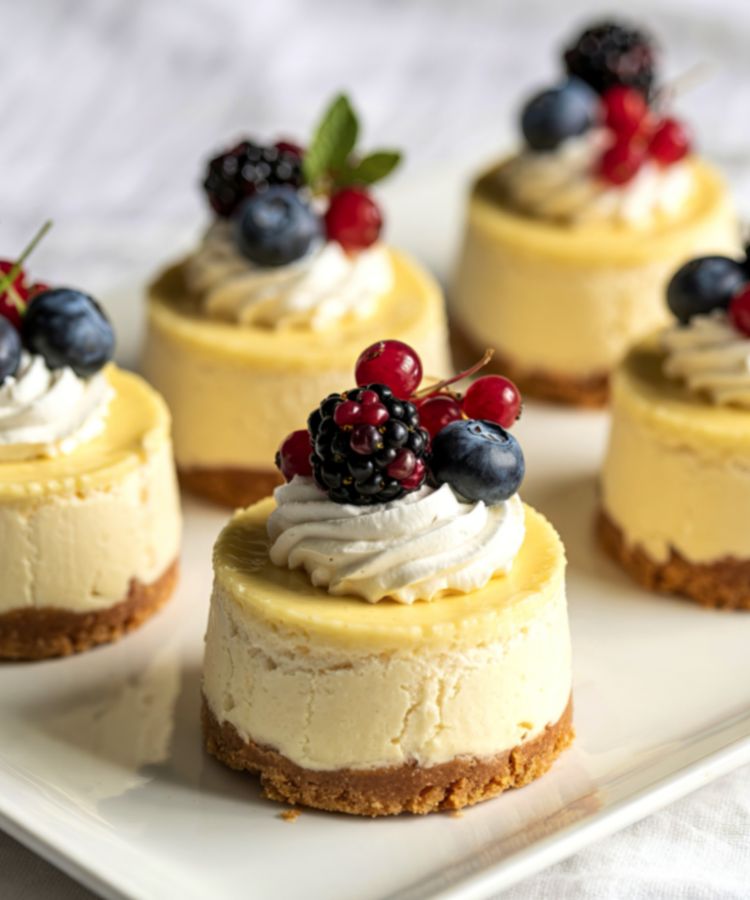 Mini cheesecakes topped with whipped cream and blueberries, blackberries and a sprig of cranberries