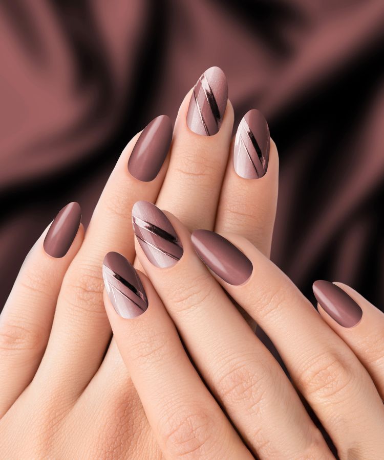 Brown Almond Nails With Diagonal Nail Design
