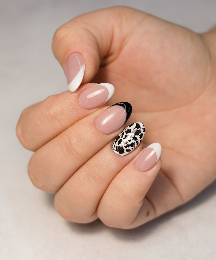 Mismatched Black and White French Manicure With Nail Art
