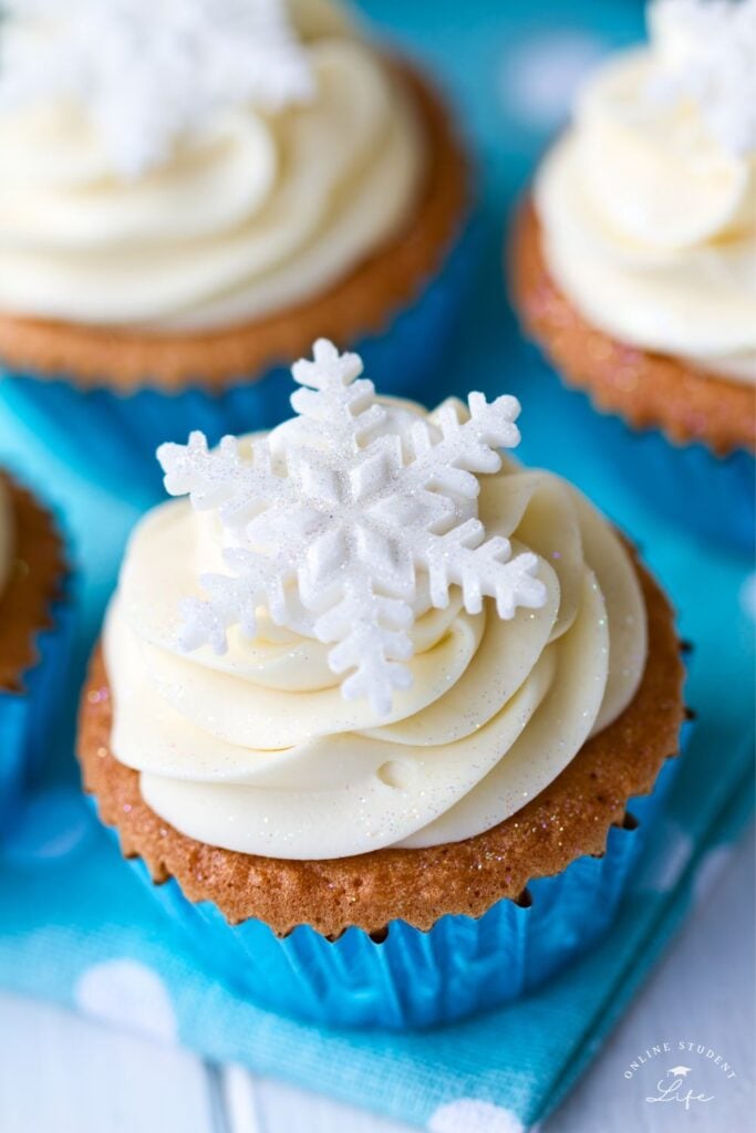 Cupcakes with blue liners, white icing and white snowflake toppers.