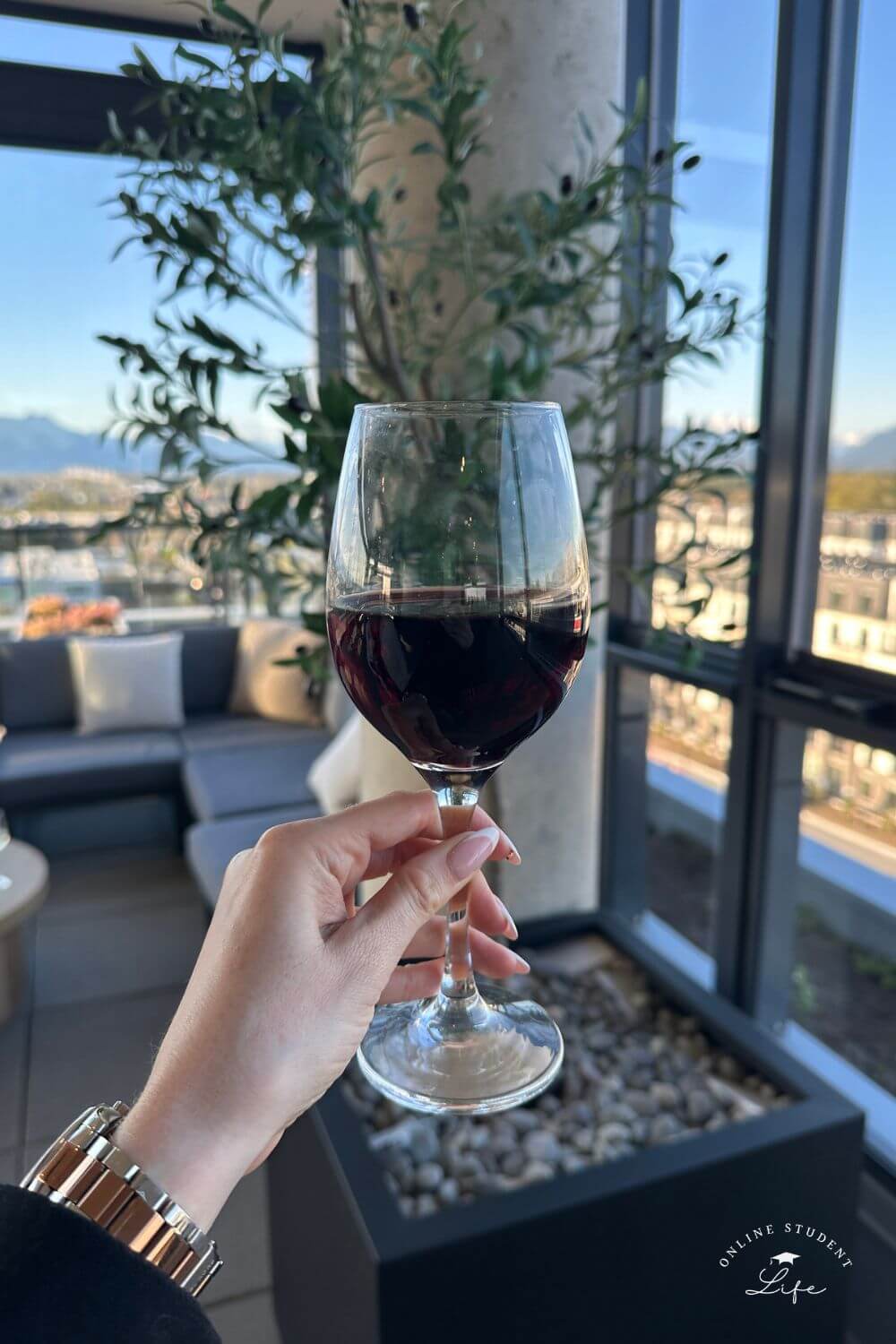 A woman's manicured hand holding a glass of red wine wth a tree and a view from a highrise in the background.